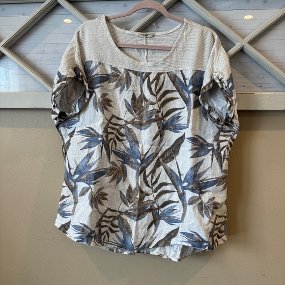 Lungo L’Arno Tops - Lungo L'arno Women's Abstract linen cotton short sleeve blue beige blouse sz 2X